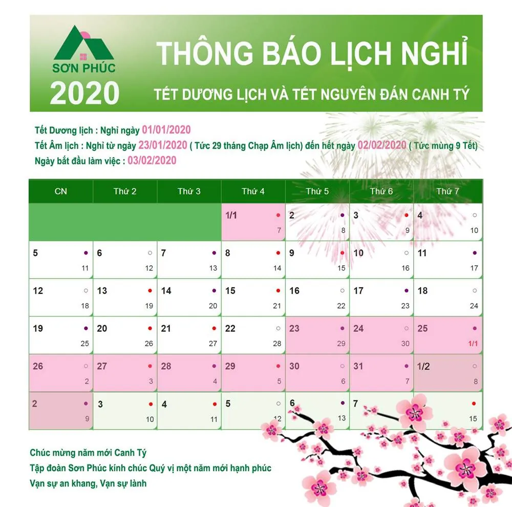 Thông báo lịch nghỉ tiết Canh Tý 2020