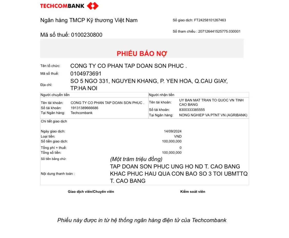 Tập đoàn Sơn Phúc ủng hộ bà con nhân dân khắc phục hậu quả bão lũ thông qua UBMTTQVN Tỉnh Cao Bằng