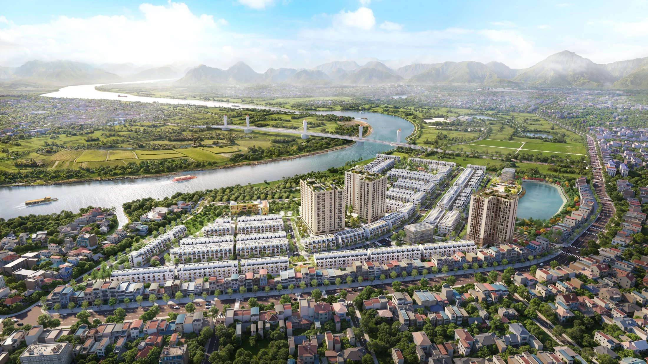 Phối cảnh Sơn Phúc Green City nhìn từ cầu Tình Húc